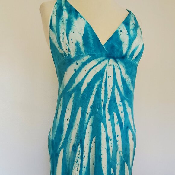 NEW Silk Short midi maxi halter summer Dress painted white blue beach resort 4 6 - Picture 2 of 12